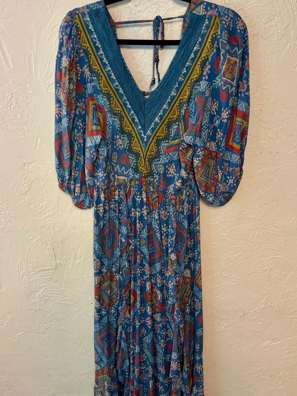 Blue Bohemian V-Neck Maxi Dress with Puff Sleeves